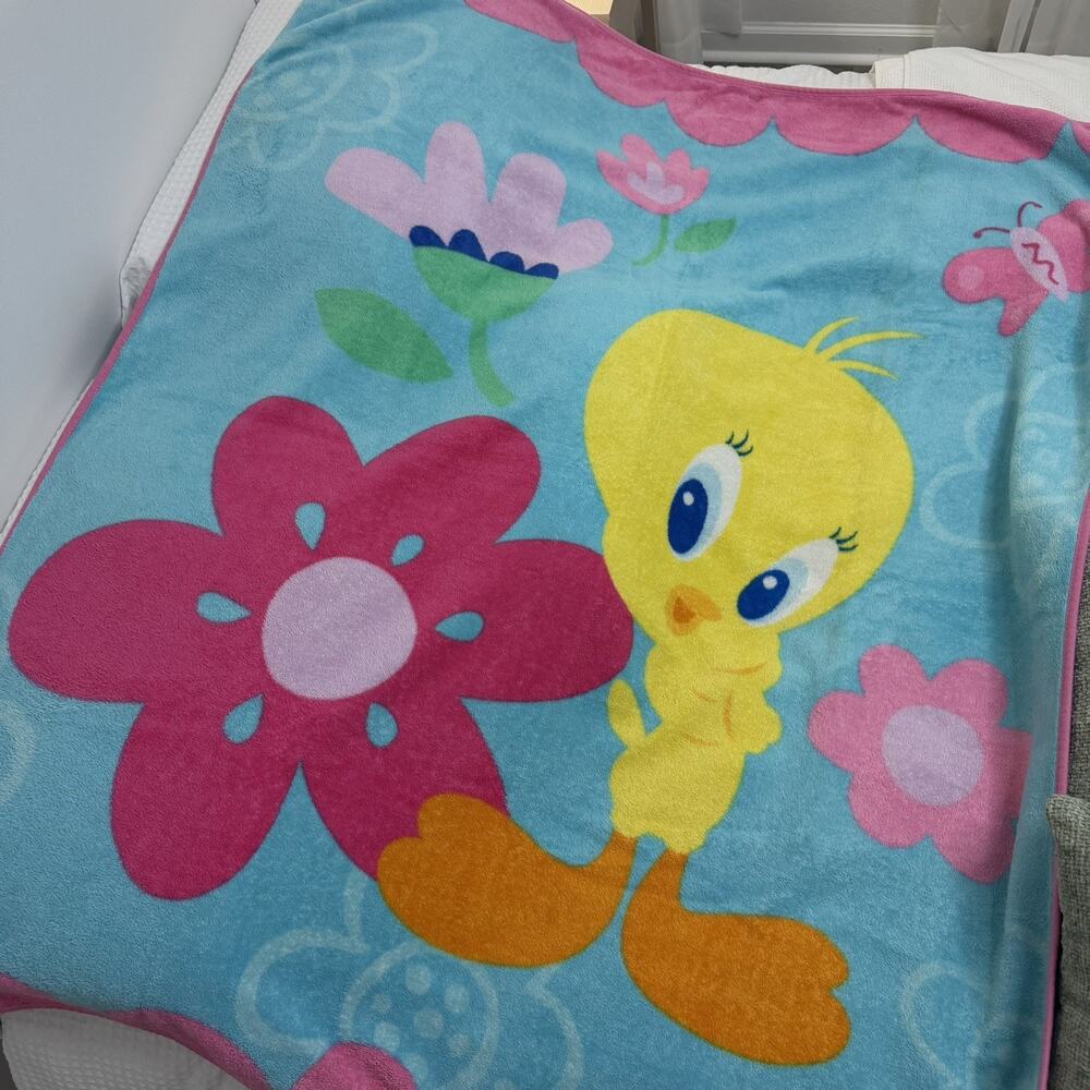 Looney Tunes Tweety Bird Plush Blanket Throw Pink Flowers Teal Floral Y2K VTG